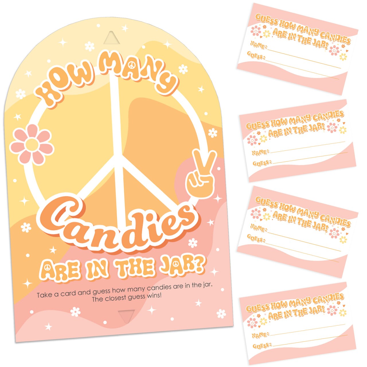 Big Dot of Happiness Stay Groovy - How Many Candies Boho Hippie Party Game - 1 Stand and 40 Cards - Candy Guessing Game